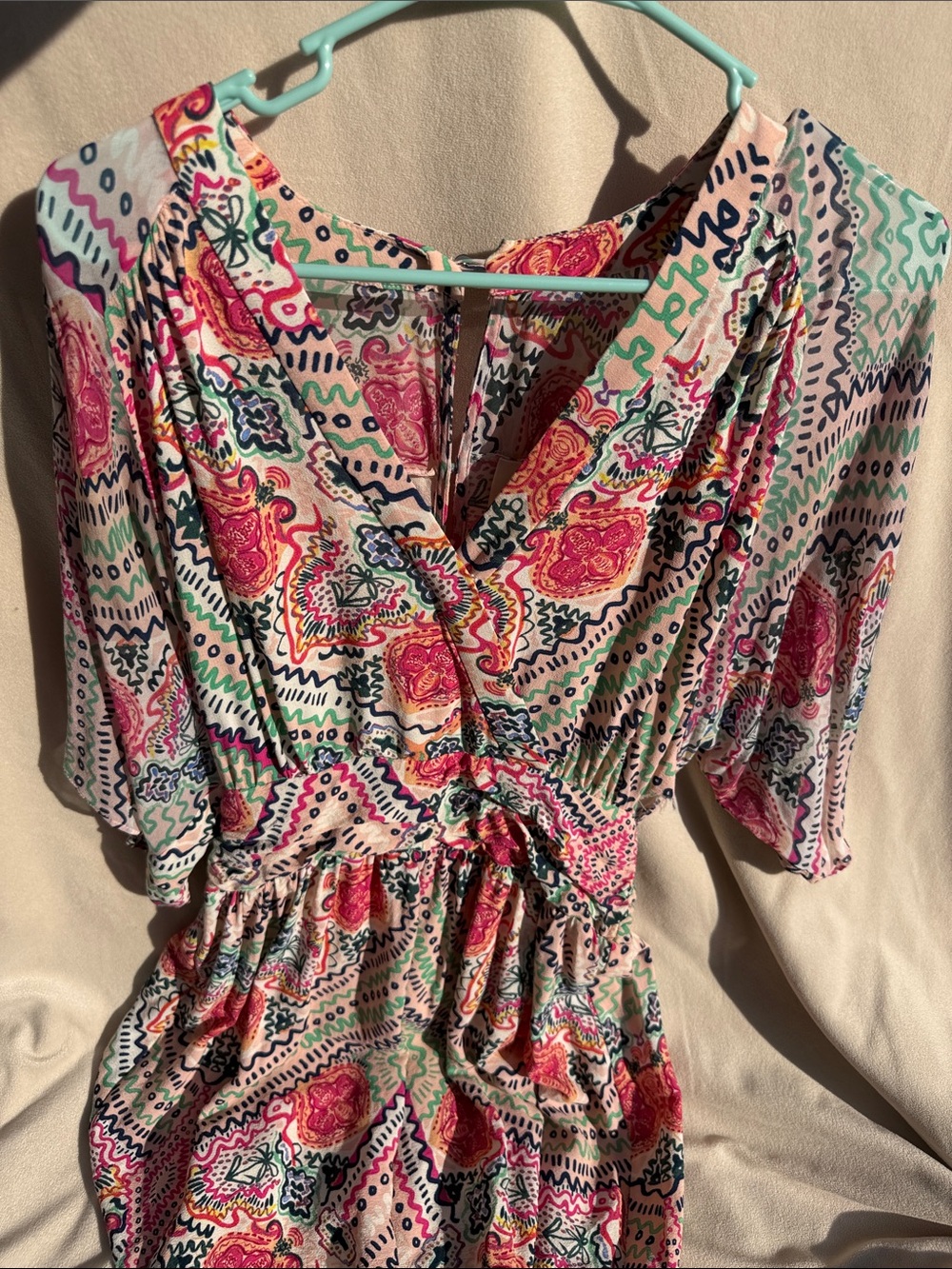 Maeve by Anthropology Colorful Paisley Wrap Romper in Pink & Teal